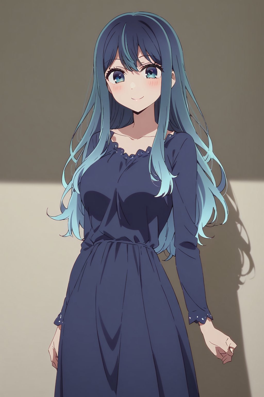 Akane, solo, long hair, multicolored hair, blue hairstyle with a darker shade at the ends, shaded blue eyes, (tall blue dress: 1.4), cute smile, 