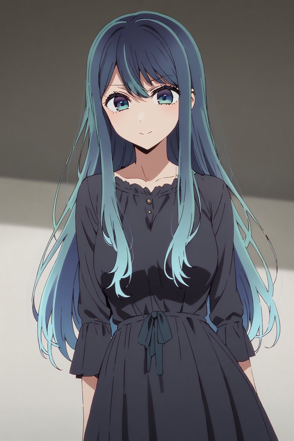 Akane, solo, long hair, multicolored hair, blue hairstyle with a darker shade at the ends, shaded blue eyes, (tall black dress: 1.4), 