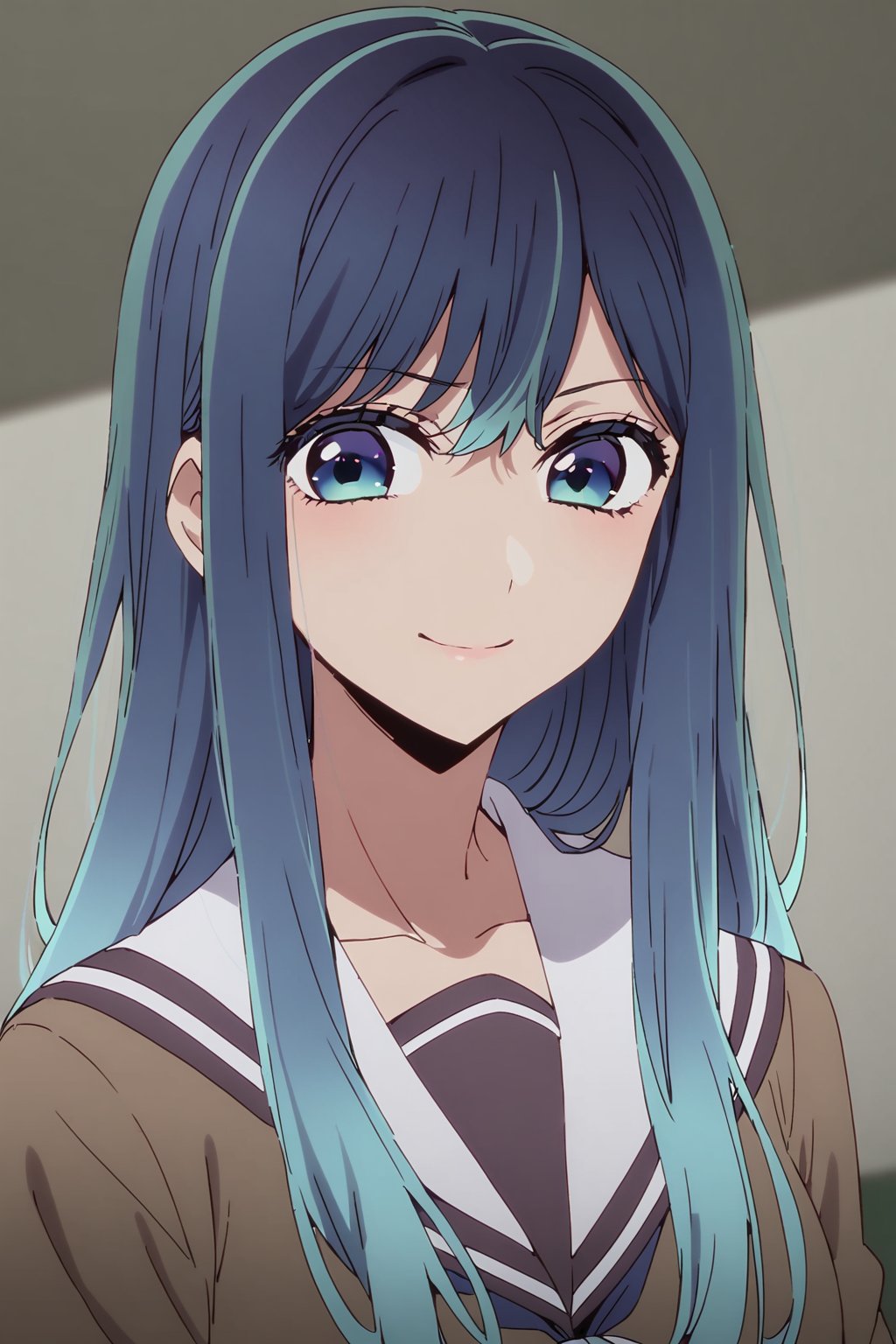 Akane, solo, long hair, multicolored hair, blue hairstyle with a darker shade at the ends, shaded blue eyes, (school uniform: 1.4), small smile, 