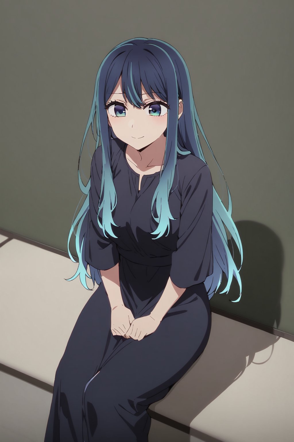 Akane, solo, long hair, multicolored hair, blue hairstyle with a darker shade at the ends, shaded blue eyes, (tall black dress: 1.4), sitting, 