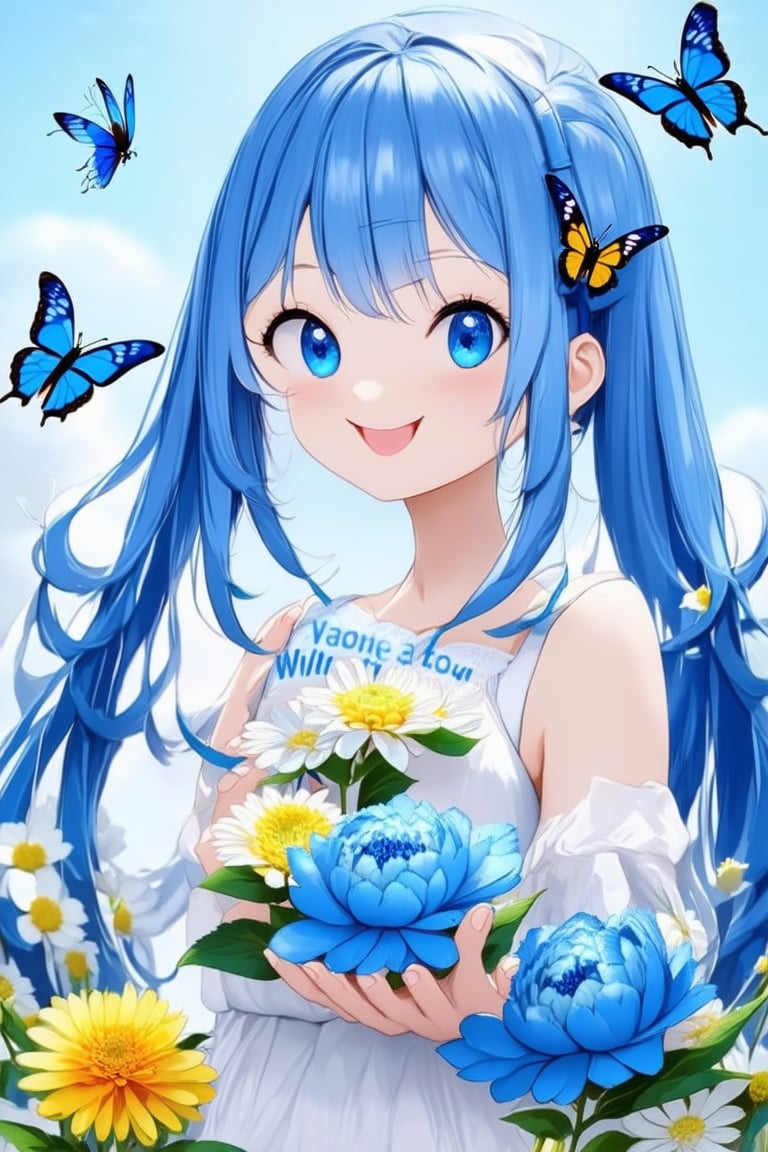 masterpiece,One girl, solo, looking at the audience, smiling, long blue hair, blue eyes with long and dense eyelashes (very bright and clear), holding something in hand, flower, character name, English text, blue peony flower, insect, butterfly, blue flower, yellow butterfly, white flower, blue chrysanthemum,flat,anime style,anime girl