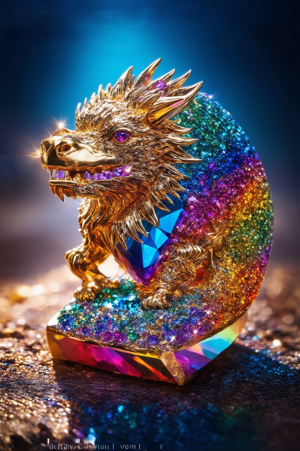 A brilliantly gleaming rainbow gem, intricately carved to resemble a majestic statue of a mythical beast. The gemstone sparkles in a myriad of colors, reflecting light like a prism, while the sculpture itself is a masterpiece of intricate details and fine craftsmanship. This stunning image captures the essence of fantasy and luxury, evoking a sense of wonder and awe in the viewer. The combination of vibrant hues and exquisite artistry make this work of art truly exceptional, making it a captivating piece that stands out among others, FuturEvoLabStyle, 