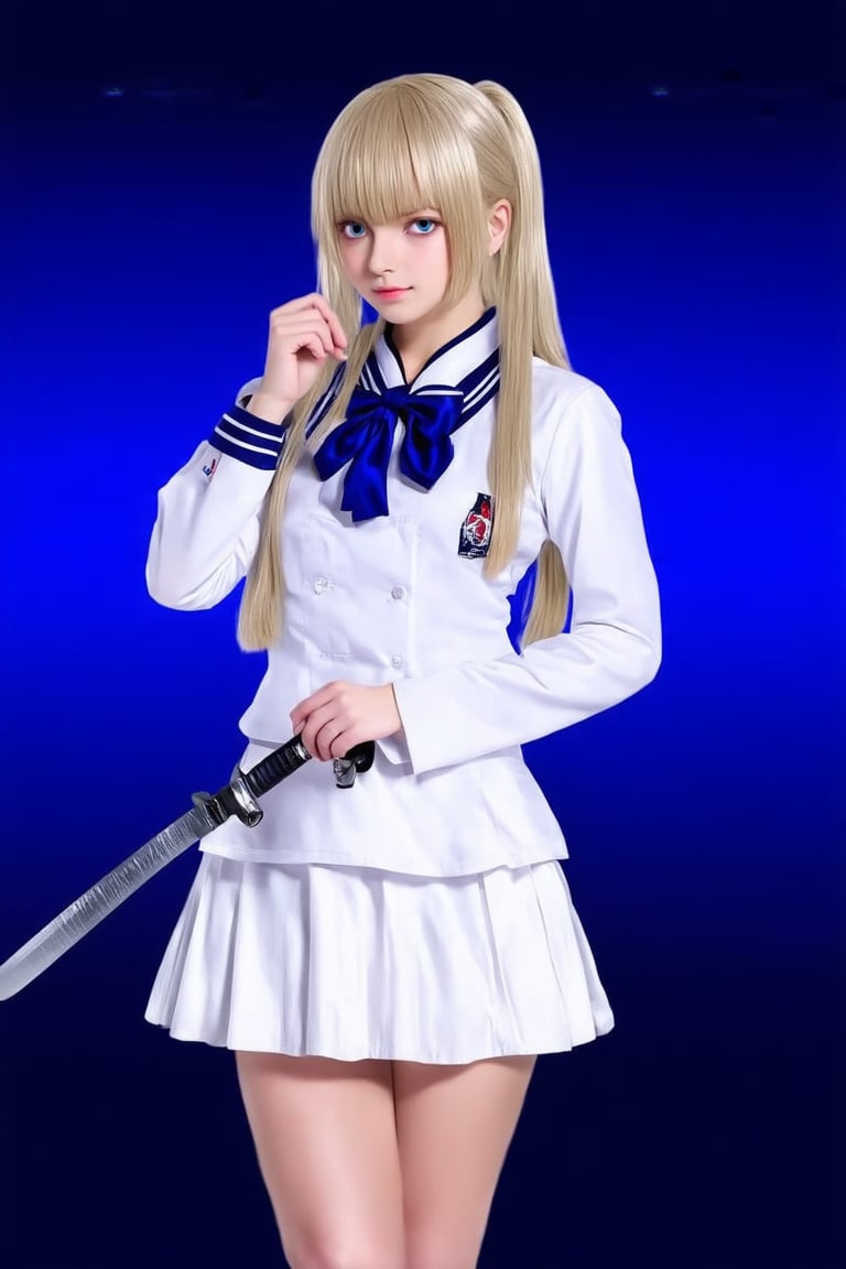 A close-up shot of a confident high school girl, dressed in a crisp white uniform with a hint of martial arts flair, her eyes locked intensely on the camera as she stands proudly, one hand resting lightly on the hilt of a katana, her long black hair tied back in a ponytail, against a subtle gradient background of dark blues and purples, with a faint misty atmosphere.,tiequanlili,bow tie,blond,skirt