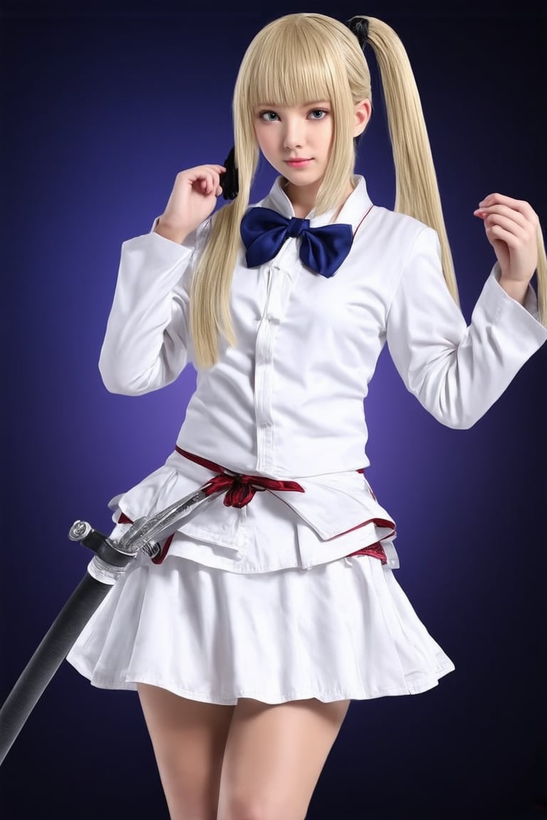 A close-up shot of a confident high school girl, dressed in a crisp white uniform with a hint of martial arts flair, her eyes locked intensely on the camera as she stands proudly, one hand resting lightly on the hilt of a katana, her long black hair tied back in a ponytail, against a subtle gradient background of dark blues and purples, with a faint misty atmosphere.,tiequanlili,bow tie,blond,skirt