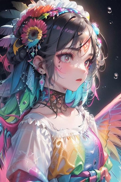 ttcolor,(masterpiece,best quality,official art),1girl, solo,<lora:ttcolor_v2:1>,colorful, multicolored background,graffiti,tattoo, water, water drop, bubble, feathers, floating hair, floral print, upper body, portrait, close-up, eye focus,flower, lantern, light,nature, 