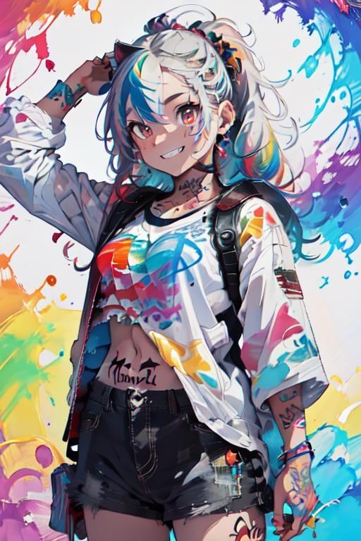 ttcolor,(masterpiece,best quality,official art),1girl, solo,<lora:ttcolor_v2:1>,colorful, multicolored background,graffiti,tattoo, water, water drop, bubble, feathers, floating hair, floral print, cowboy shot,white hair, smile, teeth, colored skin, 