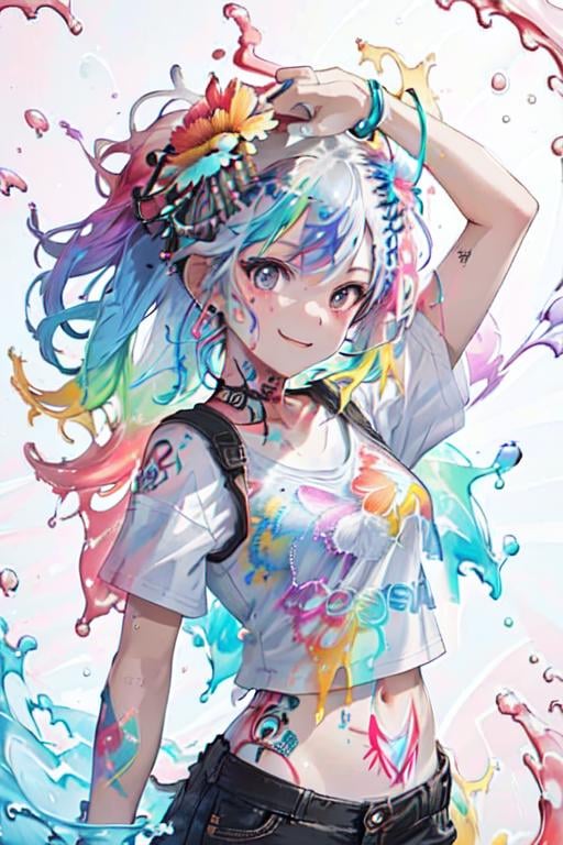 ttcolor,(masterpiece,best quality,official art),1girl, solo,<lora:ttcolor_v2:1>,colorful, multicolored background,graffiti,tattoo, water, water drop, bubble, feathers, floating hair, floral print, upper body, flower, smile, looking at viewer, splashing, paint splatter, wall of text, 