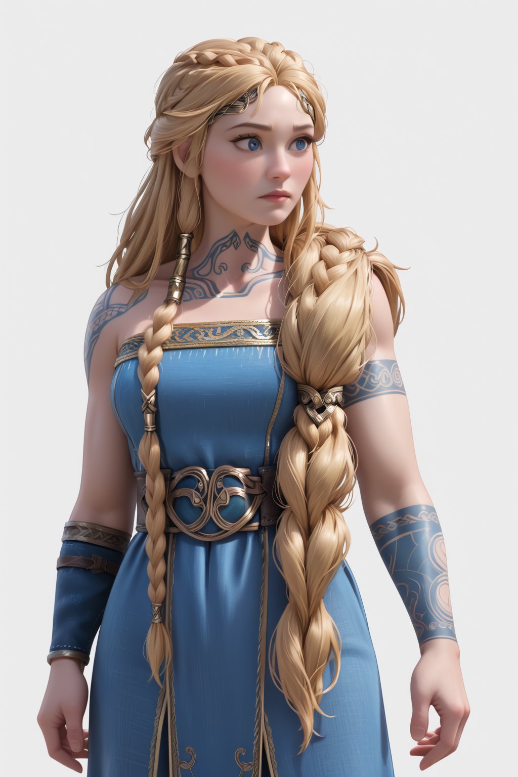 Sif, blonde hair, long hairs, long braids, hair hanging on left shoulder, cuffs, headband, thin braid on right, braid woven in blue-gold fabric, blue eyes, mole on left cheek, swirl tattoes on right arm, right collarbone, front neck, blue sleeveless viking serk dress with golden strips, waist belt, black unwrinkled pants, black leather shoes, full body 