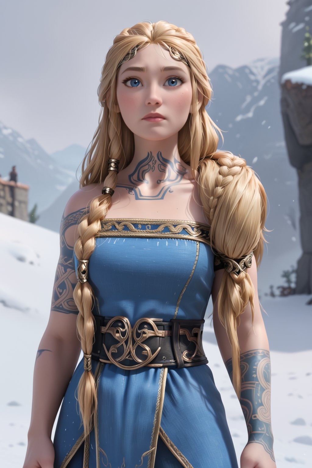 Sif, blonde hair, long hairs, long braids, hair hanging on left shoulder, cuffs, headband, thin braid on right, braid woven in blue-gold fabric, blue eyes, mole on left cheek, swirl tattoes on right arm, right collarbone, front neck, blue sleeveless viking serk dress with golden strips, waist belt, black unwrinkled pants, black leather shoes