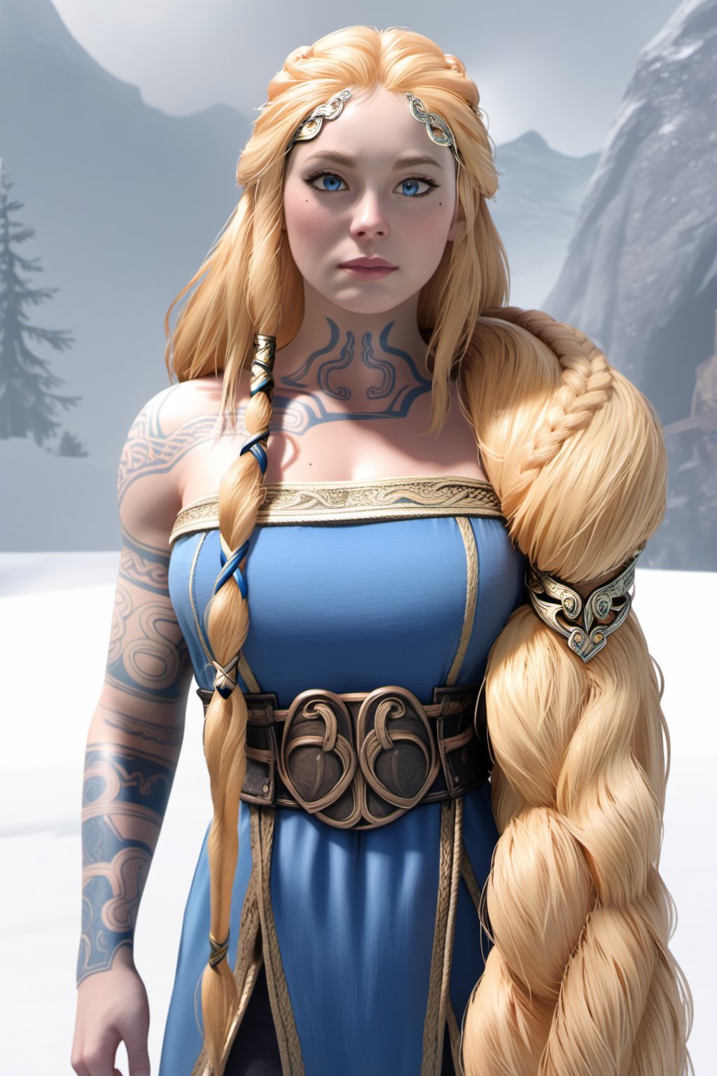 Sif, blonde hair, long hairs, long braids, hair hanging on left shoulder, cuffs, headband, thin braid on right, braid woven in blue-gold fabric, blue eyes, mole on left cheek, swirl tattoes on right arm, right collarbone, front neck, blue sleeveless viking serk dress with golden strips, waist belt, black unwrinkled pants, black leather shoes, full body, looking at viewer 