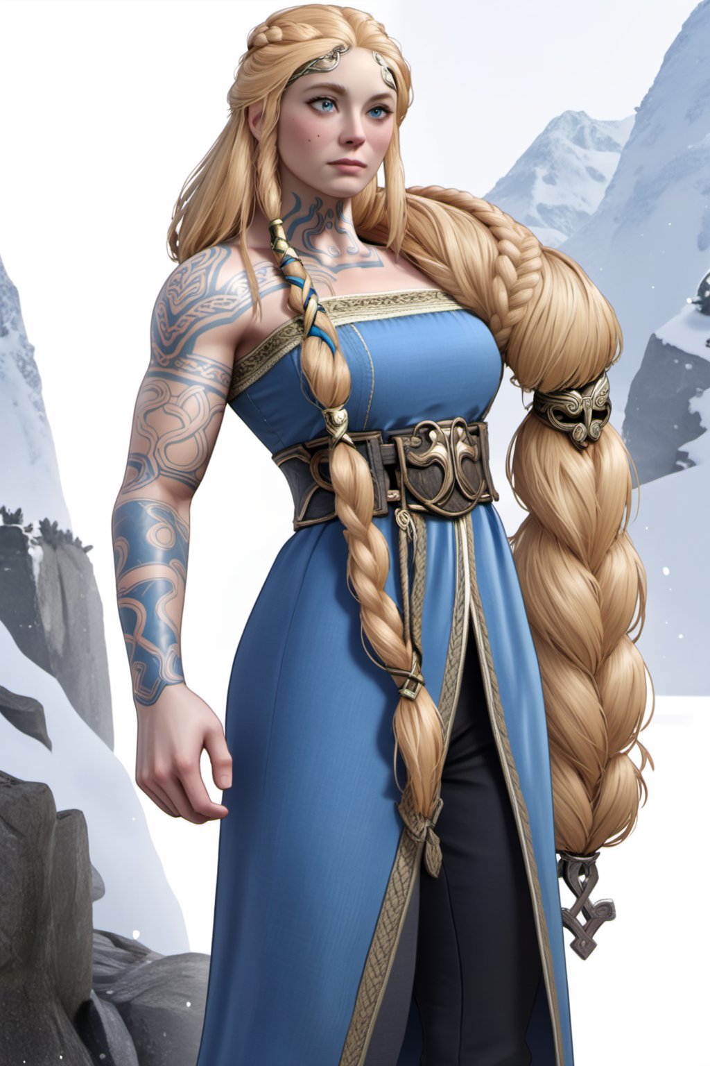 Sif, blonde hair, long hairs, long braids, hair hanging on left shoulder, cuffs, headband, thin braid on right, braid woven in blue-gold fabric, blue eyes, mole on left cheek, swirl tattoes on right arm, right collarbone, front neck, blue sleeveless viking serk dress with golden strips, waist belt, black unwrinkled pants, black leather shoes, full body 