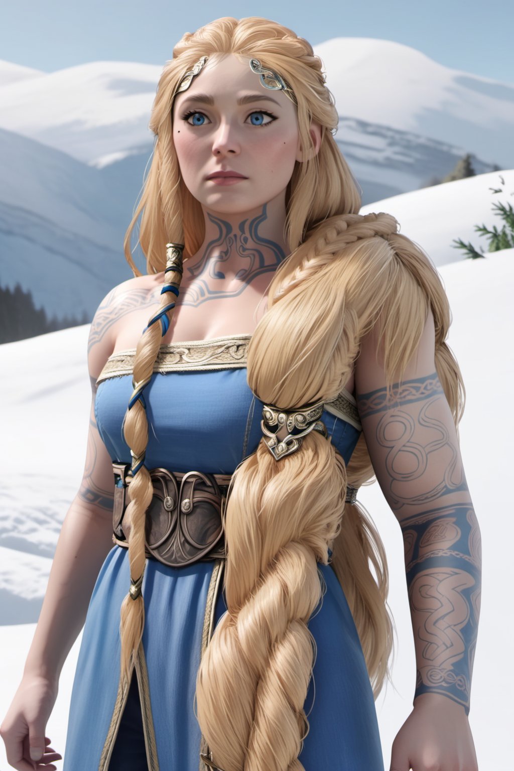 Sif, blonde hair, long hairs, long braids, hair hanging on left shoulder, cuffs, headband, thin braid on right, braid woven in blue-gold fabric, blue eyes, mole on left cheek, swirl tattoes on right arm, right collarbone, front neck, blue sleeveless viking serk dress with golden strips, waist belt, black unwrinkled pants, black leather shoes