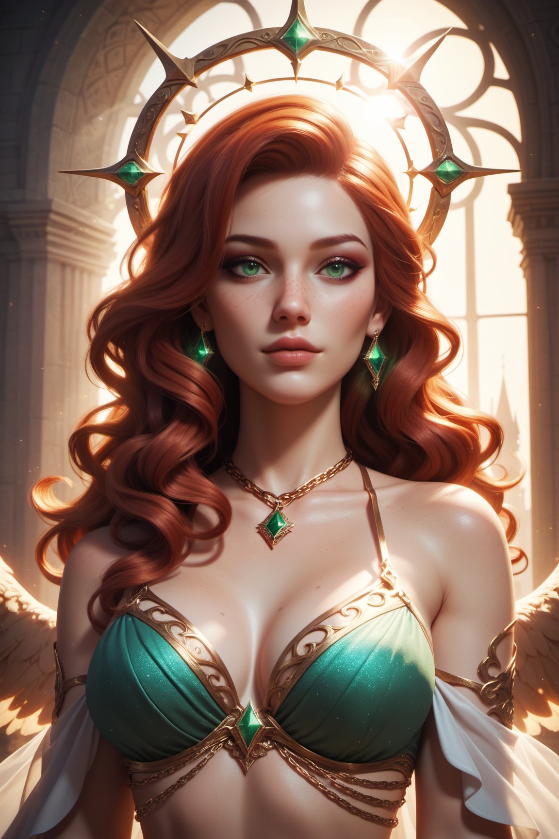 score_9, score_8_up, score_7_up, score_6_up, score_5_up, score_4_up, portrait of a young woman, fantasy-like, ethereal quality. vibrant colors, shoulder-length auburn hair, wavy hair, glowing in a subtle backlight, halo on her. soft freckles, striking green eyes, wide and expressive eyes, highlighted by light makeup, winged eyeliner. Looking slightly upwards, air of wistful contemplation. delicate golden chain around her neck, emerald pendant. warm and soft Lighting, afternoon sun rays, lens flare effect, mystical atmosphere. elegant attire, casual top. serene beauty, upper body, magical realism, castle