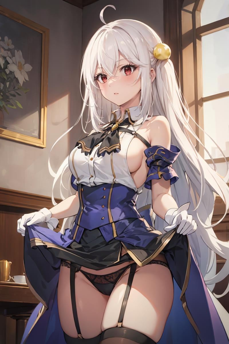 masterpiece, best quality, ultra-detailed, glistening shiny, glowing light, ray tracing, HDR, deph of field, (perfect face, detailed face), <lora:NinymRalei:0.8>, ninym, very long hair, pearl hair ornament, blush, white shirt, bare shoulders, black neck ribbon, black skirt, blue corset, blue armlets, sideboob, white gloves, garter straps, brown thighhighs, skirt lift, lace panties, standing