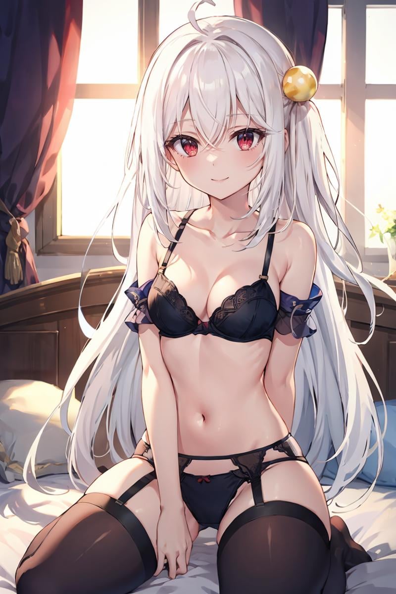 masterpiece, best quality, ultra-detailed, glistening shiny, glowing light, ray tracing, HDR, deph of field, (perfect face, detailed face), <lora:NinymRalei:0.7>, ninym, very long hair, pearl hair ornament, small breasts, smile, blush, lingerie, collarbone, lace bra, lace panties, garter belt, garter straps, black thighhighs, arms between legs, kneeling, spread legs, on bed, facing viewer