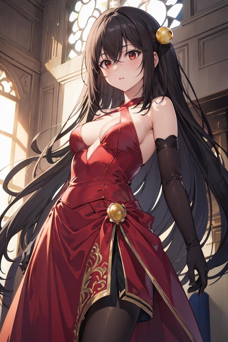 masterpiece, best quality, ultra-detailed, glistening shiny, glowing light, ray tracing, HDR, deph of field, (perfect face, detailed face), <lora:NinymRalei:0.7>, ninym, very long hair,  black hair, pearl hair ornament, small breasts, red dress, very long skirt, criss-cross halter, cleavage, elbow gloves, pantyhose, standing, 