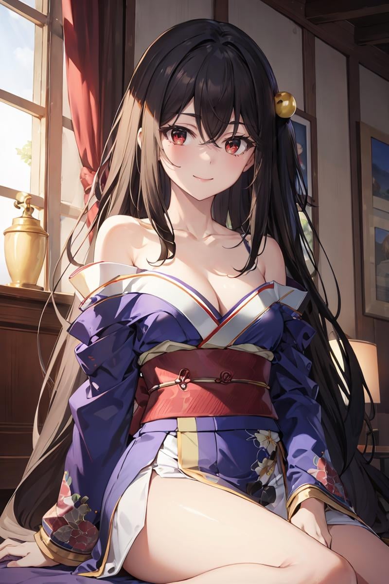 masterpiece, best quality, ultra-detailed, glistening shiny, glowing light, ray tracing, HDR, deph of field, (perfect face, detailed face), <lora:NinymRalei:0.7>, ninym, very long hair,  black hair, pearl hair ornament, small breasts, smile, kimono, off shoulders, cleavage, collarbone, bare legs, sitting