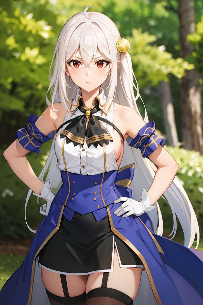 masterpiece, best quality, ultra-detailed, glistening shiny, glowing light, ray tracing, HDR, deph of field, (perfect face, detailed face), <lora:NinymRalei:0.8>, ninym, very long hair, pearl hair ornament, frown, hands on hips, white shirt, bare shoulders, black neck ribbon, black skirt, blue corset, blue armlets, sideboob, white gloves, garter straps, brown thighhighs, standing