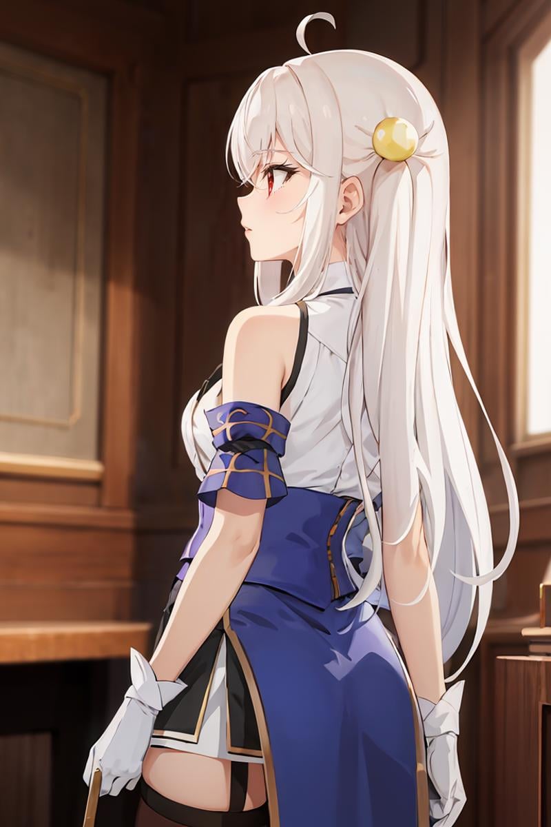 masterpiece, best quality, ultra-detailed, glistening shiny, glowing light, ray tracing, HDR, deph of field, (perfect face, detailed face), <lora:NinymRalei:0.9>, ninym, very long hair, pearl hair ornament, white shirt, bare shoulders,  blue corset, blue armlets, sideboob, white gloves, garter straps, brown thighhighs, from behind