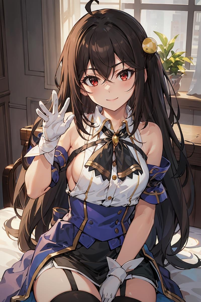 masterpiece, best quality, ultra-detailed, glistening shiny, glowing light, ray tracing, HDR, deph of field, (perfect face, detailed face), <lora:NinymRalei:0.8>, ninym, very long hair, pearl hair ornament, small breasts, black hair, smile, waving, white shirt, bare shoulders, black neck ribbon, black skirt, blue corset, blue armlets, sideboob, white gloves, garter straps, brown thighhighs, sitting