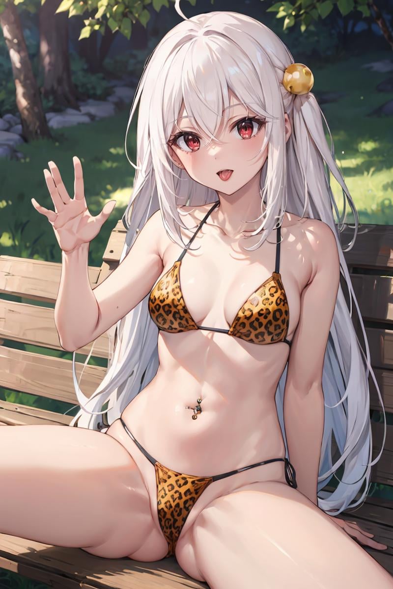 masterpiece, best quality, ultra-detailed, glistening shiny, glowing light, ray tracing, HDR, deph of field, (perfect face, detailed face), <lora:NinymRalei:0.7>, ninym, very long hair, pearl hair ornament, small breasts, tongue out, open mouth, waving, leopard pring bikini top, collarbone, navel piercing, thong, highleg, bare arms, cameltoe, sitting, on bench, spread legs, outdoors