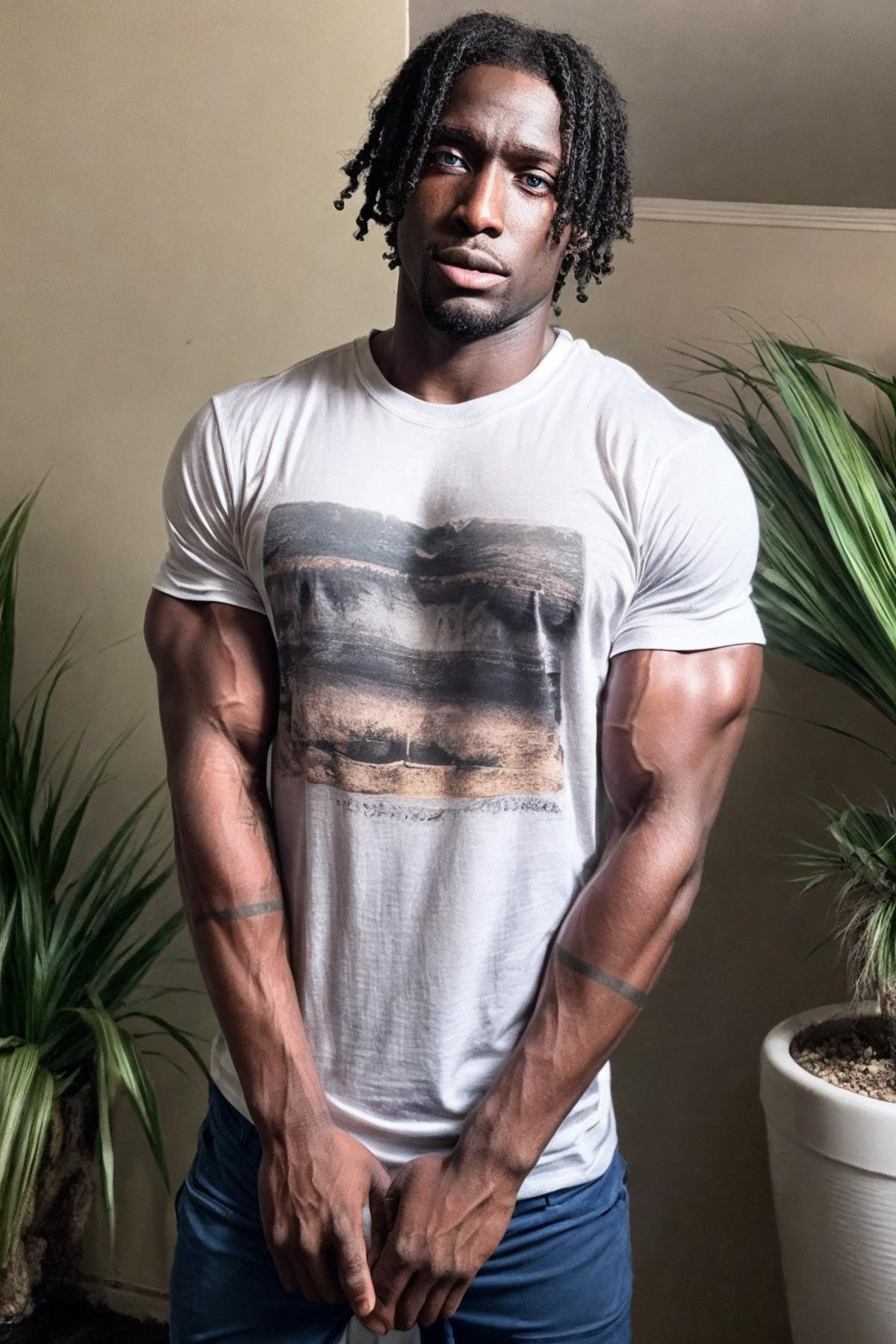 <lora:K1ngabdul:1> (K1ngabdul), african male, muscle, fitness, dark skin, black, fit, solo, 1boy, male focus, dark skin, dark-skinned male, shirt, plant, pants, facial hair, black hair, jeans, denim, potted plant, looking at viewer, print shirt, beard, t-shirt, white shirt, very dark skin, short hair, short sleeves, blue pants, RAW, hyper detailed photorealistic, life-like, accurate, proportional, sharp focus, (accurate cinematic lighting), photorealistic detail, (selective focus:0.6)  <lora:lora_perfecteyes_v1_from_v1_160:0.8> photo of perfect eyes <lora:more_details:0.8>