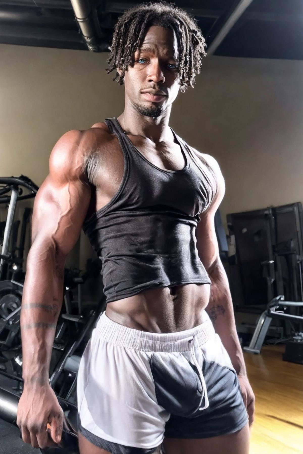 <lora:K1ngabdul:1> (K1ngabdul), african male, muscle, fitness, dark skin, black, dreadlocks, fit, male focus, 1boy, solo, in the gym, gym shark clothing working out, gym shorts, ((tank top, shorts)), artistic, skinny fit, skinny waist, zero percent body fat, vascularity, clean shaven, medium length shaggy hair, RAW, hyper detailed photorealistic, life-like, accurate, proportional, sharp focus, (accurate cinematic lighting), photorealistic detail, (selective focus:0.6)  <lora:lora_perfecteyes_v1_from_v1_160:0.8> photo of perfect eyes <lora:more_details:0.8>