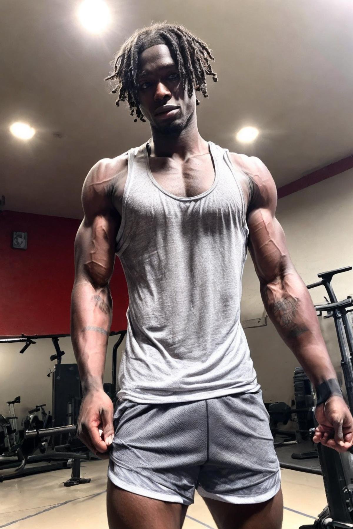 <lora:K1ngabdul:1> (K1ngabdul), african male, muscle, fitness, dark skin, black, dreadlocks, fit, male focus, 1boy, solo, in the gym, gym shark clothing working out, gym shorts, ((tank top, shorts)), artistic, skinny fit, skinny waist, zero percent body fat, vascularity, clean shaven, medium length shaggy hair, RAW, hyper detailed photorealistic, life-like, accurate, proportional, sharp focus, (accurate cinematic lighting), photorealistic detail, (selective focus:0.6)  <lora:lora_perfecteyes_v1_from_v1_160:0.8> photo of perfect eyes <lora:more_details:0.8>