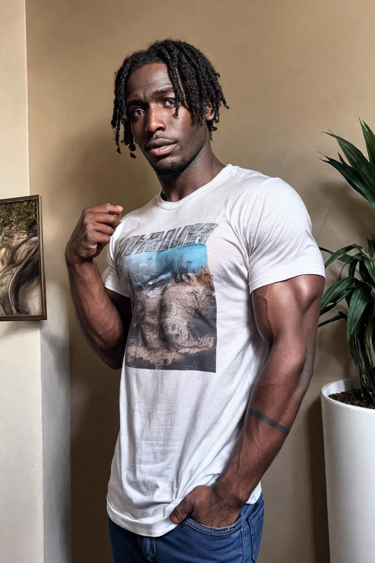 <lora:K1ngabdul:1> (K1ngabdul), african male, muscle, fitness, dark skin, black, fit, solo, 1boy, male focus, dark skin, dark-skinned male, shirt, plant, pants, facial hair, black hair, jeans, denim, potted plant, looking at viewer, print shirt, beard, t-shirt, white shirt, very dark skin, short hair, short sleeves, blue pants, RAW, hyper detailed photorealistic, life-like, accurate, proportional, sharp focus, (accurate cinematic lighting), photorealistic detail, (selective focus:0.6)  <lora:lora_perfecteyes_v1_from_v1_160:0.8> photo of perfect eyes <lora:more_details:0.8>