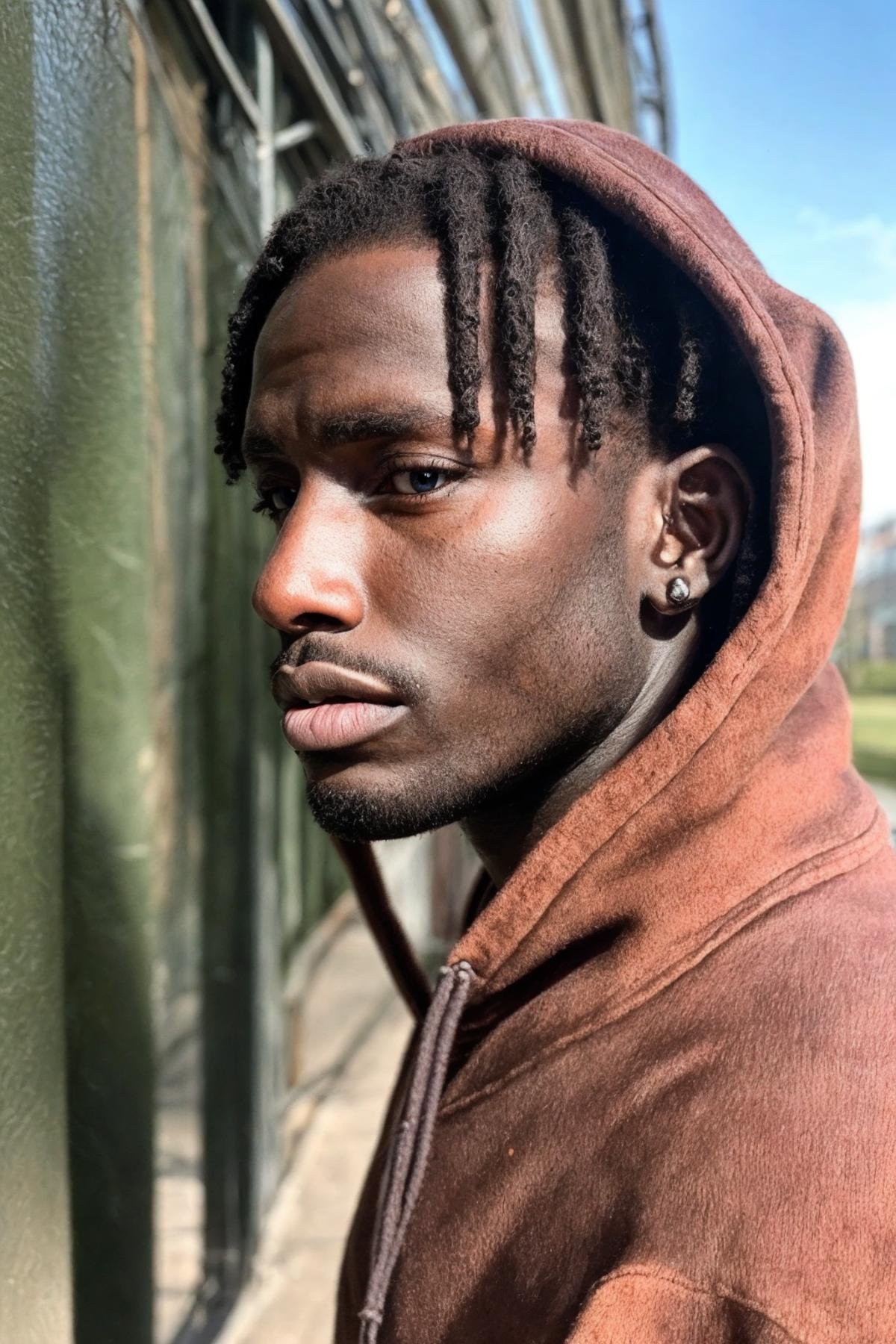 <lora:K1ngabdul:1> (K1ngabdul), african male, muscle, fitness, dark skin, black, fit, 1boy, solo, male focus, facial hair, photo background, realistic, earrings, jewelry, hood, black hair, beard, fence, outdoors, tree, hoodie, profile, hood down, full lips, profile view, side view, RAW, hyper detailed photorealistic, life-like, accurate, proportional, sharp focus, (accurate cinematic lighting), photorealistic detail, (selective focus:0.6)  <lora:lora_perfecteyes_v1_from_v1_160:0.8> photo of perfect eyes <lora:more_details:0.8>  