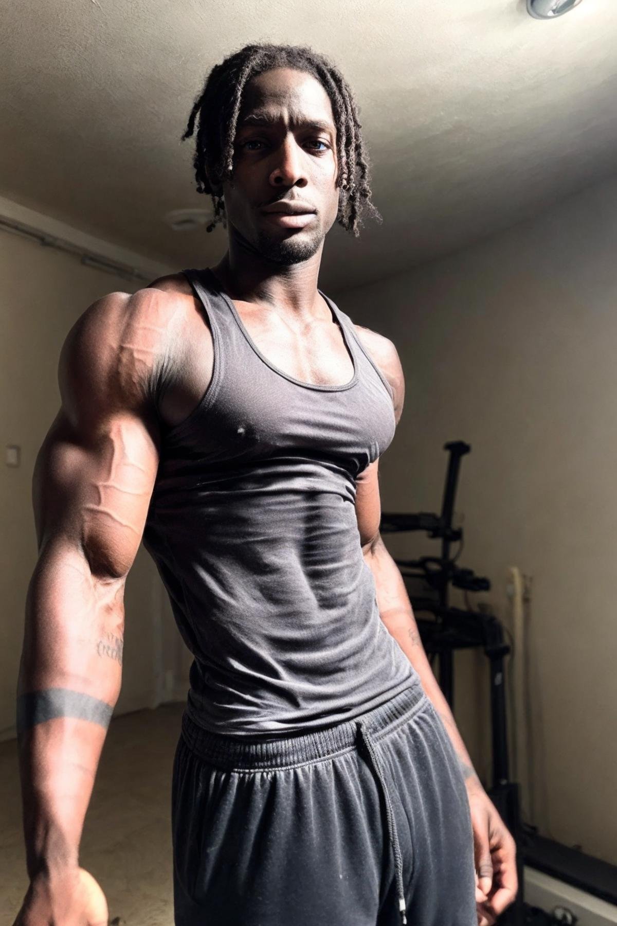 <lora:K1ngabdul:1> (K1ngabdul), african male, muscle, fitness, dark skin, black, full body shot, photorealistic, photoshoot, moody, artistic, skinny waist, pecs, biceps, clean shaven, smooth everywhere, medium length dreadlocks, (wearing jogging shorts and a loose muscle shirt tank top), RAW, hyper detailed photorealistic, life-like, accurate, proportional, sharp focus, (accurate cinematic lighting), photorealistic detail, (selective focus:0.6)  <lora:lora_perfecteyes_v1_from_v1_160:0.8> photo of perfect eyes <lora:more_details:0.8>