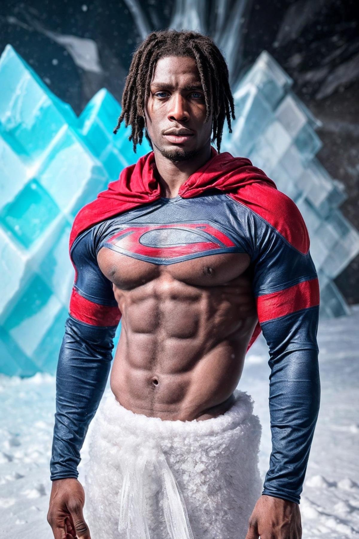 <lora:K1ngabdul:1> (K1ngabdul), african male, muscle, fitness, dark skin, black, closeup shot, upper body, dreadlocks, fit, male focus, 1boy, solo, black Superman in a Superman suit, (standing on snow and ice in The Fortress of Solitude, ice palace), surreal bright art, trending on artstation, bloom, vivid whites, RAW, hyper detailed photorealistic, life-like, accurate, proportional, sharp focus, (accurate cinematic lighting), photorealistic detail, (selective focus:0.6)  <lora:lora_perfecteyes_v1_from_v1_160:0.8> photo of perfect eyes <lora:more_details:0.8>