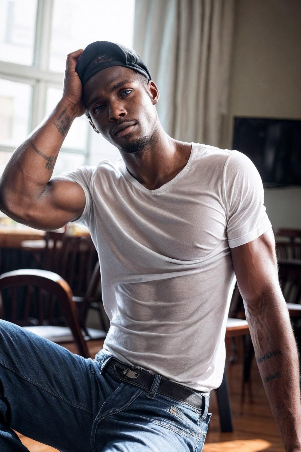 <lora:K1ngabdul:1> (K1ngabdul), african male, muscle, fitness, dark skin, black, fit, male focus, 1boy, solo, photorealistic candid still, sitting at a cafe, jeans and white buttoned up dress shirt, muscular fit build, skinny waist, light hazel eyes, clean shaven, smooth everywhere, ((fully clothed)), skinny fit, artistic shot, light and shadows, RAW, hyper detailed photorealistic, life-like, accurate, proportional, sharp focus, (accurate cinematic lighting), photorealistic detail, (selective focus:0.6)  <lora:lora_perfecteyes_v1_from_v1_160:0.8> photo of perfect eyes <lora:more_details:0.8>