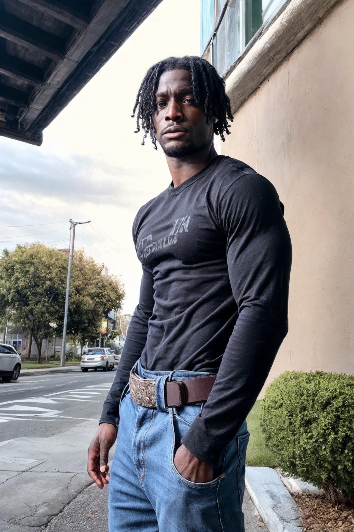 <lora:K1ngabdul:1> (K1ngabdul), african male, muscle, fitness, dark skin, black, fit, 1boy, male focus, pants, photo background, belt, solo, jeans, shirt, facial hair, denim, realistic, black shirt, black hair, outdoors, tree, motor vehicle, ground vehicle, shadow, beard, long sleeves, car, looking at viewer, day, palm tree, black belt, chain, building, RAW, hyper detailed photorealistic, life-like, accurate, proportional, sharp focus, (accurate cinematic lighting), photorealistic detail, (selective focus:0.6)  <lora:lora_perfecteyes_v1_from_v1_160:0.8> photo of perfect eyes <lora:more_details:0.8>  