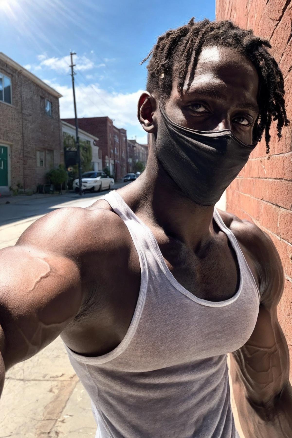 <lora:K1ngabdul:1> (K1ngabdul), african male, muscle, fitness, dark skin, black, fit, 1boy, solo, male focus, tank top, muscular, white tank top, outdoors, day, upper body, sky, mask, veins, muscular male, dark-skinned male, vascularity, RAW, hyper detailed photorealistic, life-like, accurate, proportional, sharp focus, (accurate cinematic lighting), photorealistic detail, (selective focus:0.6)  <lora:lora_perfecteyes_v1_from_v1_160:0.8> photo of perfect eyes <lora:more_details:0.8>  