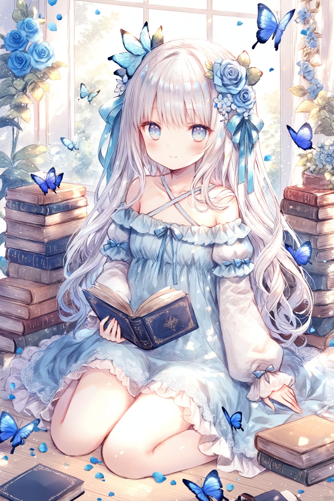 OldStyleOnineko,(masterpiece), (best quality),loli1girl, solo, long hair, looking at viewer, blush, smile, bangs, blue eyes, hair ornament, long sleeves, dress, ribbon, bare shoulders, sitting, very long hair, closed mouth, collarbone, hair ribbon, flower, white hair, puffy sleeves, indoors, hair flower, off shoulder, white dress, sleeves past wrists, book, petals, blue dress, rose, animal, halterneck, bug, butterfly, puffy long sleeves, blue flower, on floor, off-shoulder dress, criss-cross halter, blue rose, book stack, blue butterfly