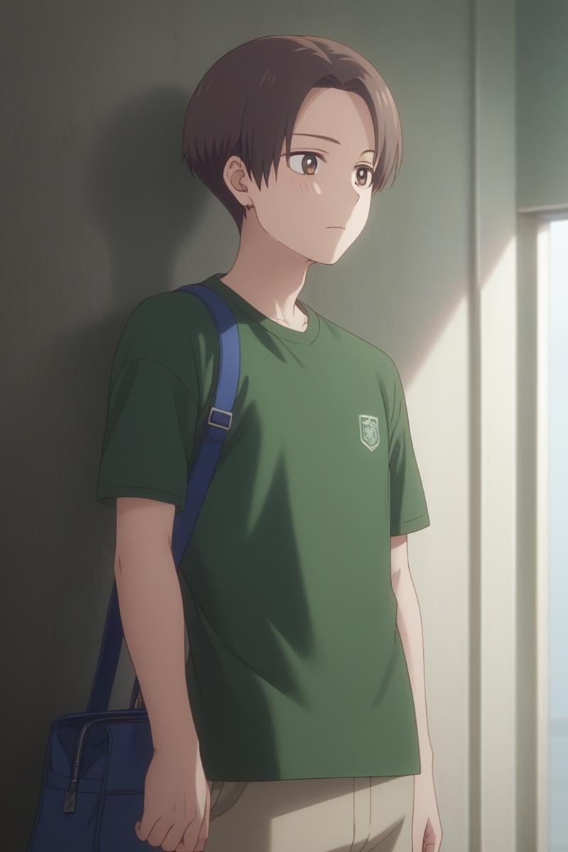 score_9, score_8_up, score_7_up, score_6_up, detailed, intricate details, highres, absurdres ,source_anime, cowboy shot, ryuuji taiga, brown hair, brown eyes, shirt, male focus, bag, short hair, green shirt, short sleeves, t-shirt<lora:EMS-429948-EMS:1.000000>