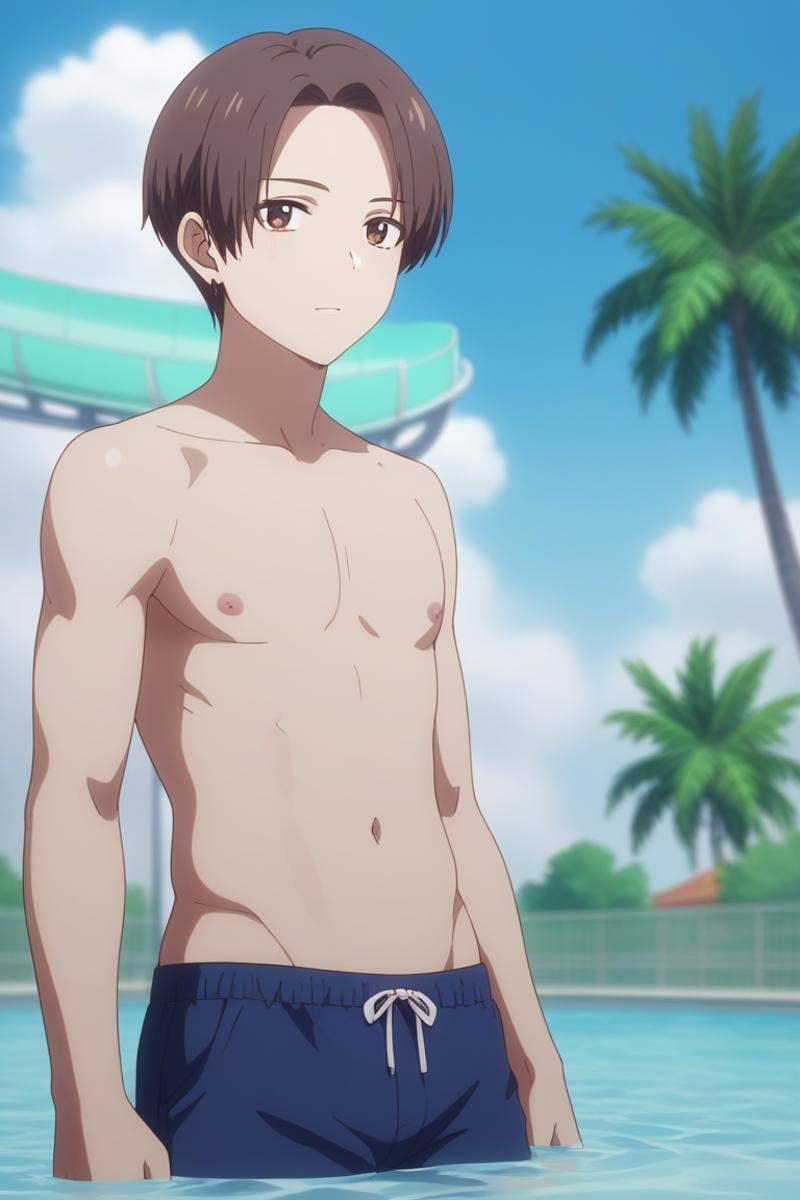 score_9, score_8_up, score_7_up, score_6_up, detailed, intricate details, highres, absurdres ,source_anime, cowboy shot, ryuuji taiga, brown hair, brown eyes, topless, male focus, outdoors, tree, sky, day, cloud, water, hood, blue sky, palm tree, pool, partially submerged, shorts<lora:EMS-429948-EMS:1.000000>