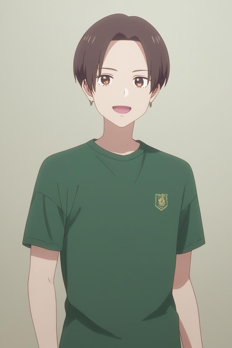 score_9, score_8_up, score_7_up, score_6_up, detailed, intricate details, highres, absurdres ,source_anime, cowboy shot, ryuuji taiga, brown hair, brown eyes, 1boy, male focus, solo, green shirt, smile, open mouth, shirt, looking at viewer, earrings, jewelry, short hair, holding, :d<lora:EMS-429948-EMS:1.000000>