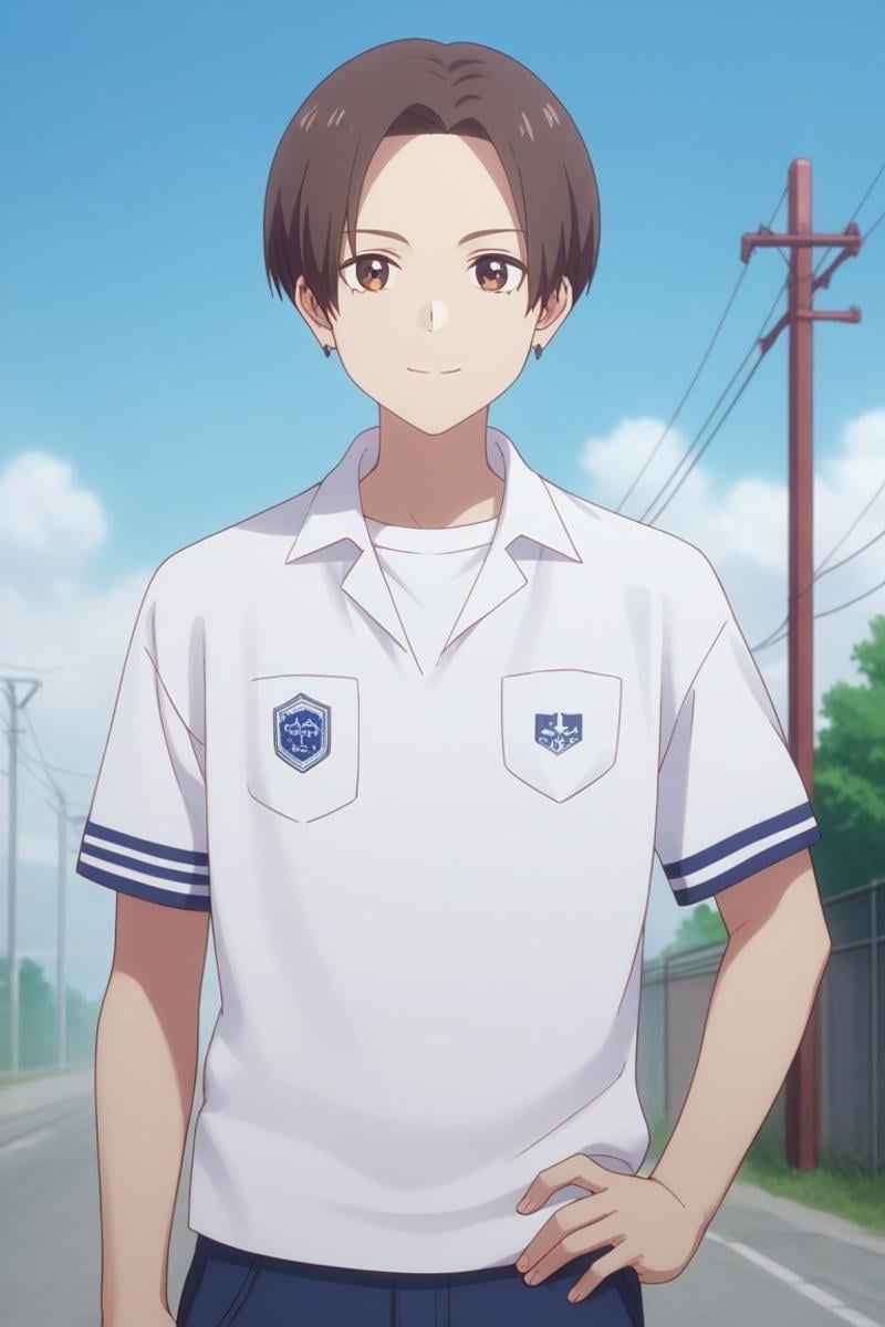 score_9, score_8_up, score_7_up, score_6_up, detailed, intricate details, highres, absurdres ,source_anime, cowboy shot, ryuuji taiga, brown hair, brown eyes, solo, shirt, outdoors, 1boy, male focus, smile, utility pole, hand on hip, power lines, looking at viewer, short hair, short sleeves, open clothes, white shirt, road, closed mouth, upper body<lora:EMS-429948-EMS:1.000000>