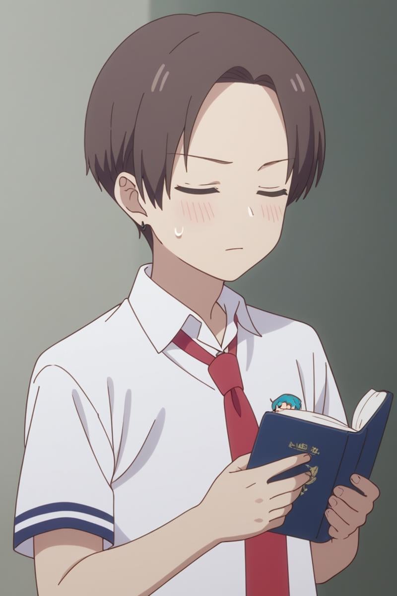 score_9, score_8_up, score_7_up, score_6_up, detailed, intricate details, highres, absurdres ,source_anime, cowboy shot, ryuuji taiga, brown hair, brown eyes, 1boy, male focus, necktie, solo, closed eyes, school uniform, red necktie, book, blush, holding, shirt, blush stickers, short hair, upper body, holding book, chibi, sweatdrop, earrings, white shirt<lora:EMS-429948-EMS:1.000000>