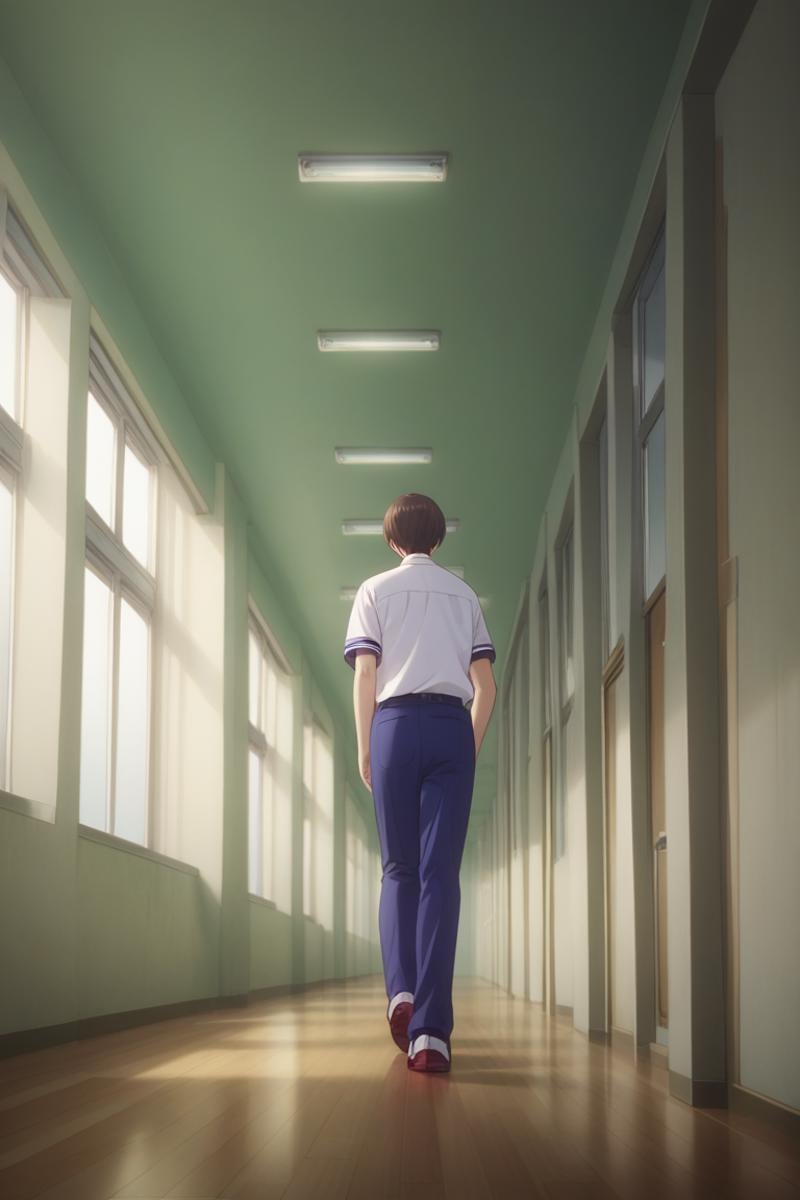 score_9, score_8_up, score_7_up, score_6_up, detailed, intricate details, highres, absurdres ,source_anime, cowboy shot, ryuuji taiga, brown hair, brown eyes, 1boy, male focus, school, solo, pants, school uniform, hallway, shirt, shoes, from behind, indoors, running<lora:EMS-429948-EMS:1.000000>