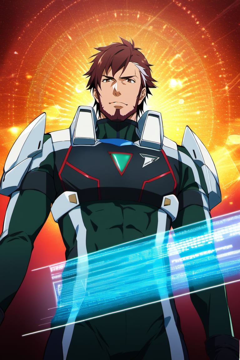 score_9, score_8_up, score_7_up, score_6_up, source_anime\(Macross Δ\), perfect anatomy, perfect proportions, best quality, masterpiece, high-resolution, high quality, aesthetic, absurdres, (male focus), solo male, Arad Mölders, brown hair, two-tone hair, streaked hair, sideburns, brown eyes, facial hair, chinstrap beard, jawline beard, mecha pilot suit, Delta Flight bodysuit \(Macross Δ\), Arad's bodysuit \(Macross Δ\), black tactical gloves, footwear, adult, mature, masculine, manly, handsome, charming, alluring, standing, upper body, dutch angle, cowboy shot, from below, feet out of frame, photo background, science fiction, holography display, cinematic, harmonious, bokeh, cinemascope, moody, epic, gorgeous