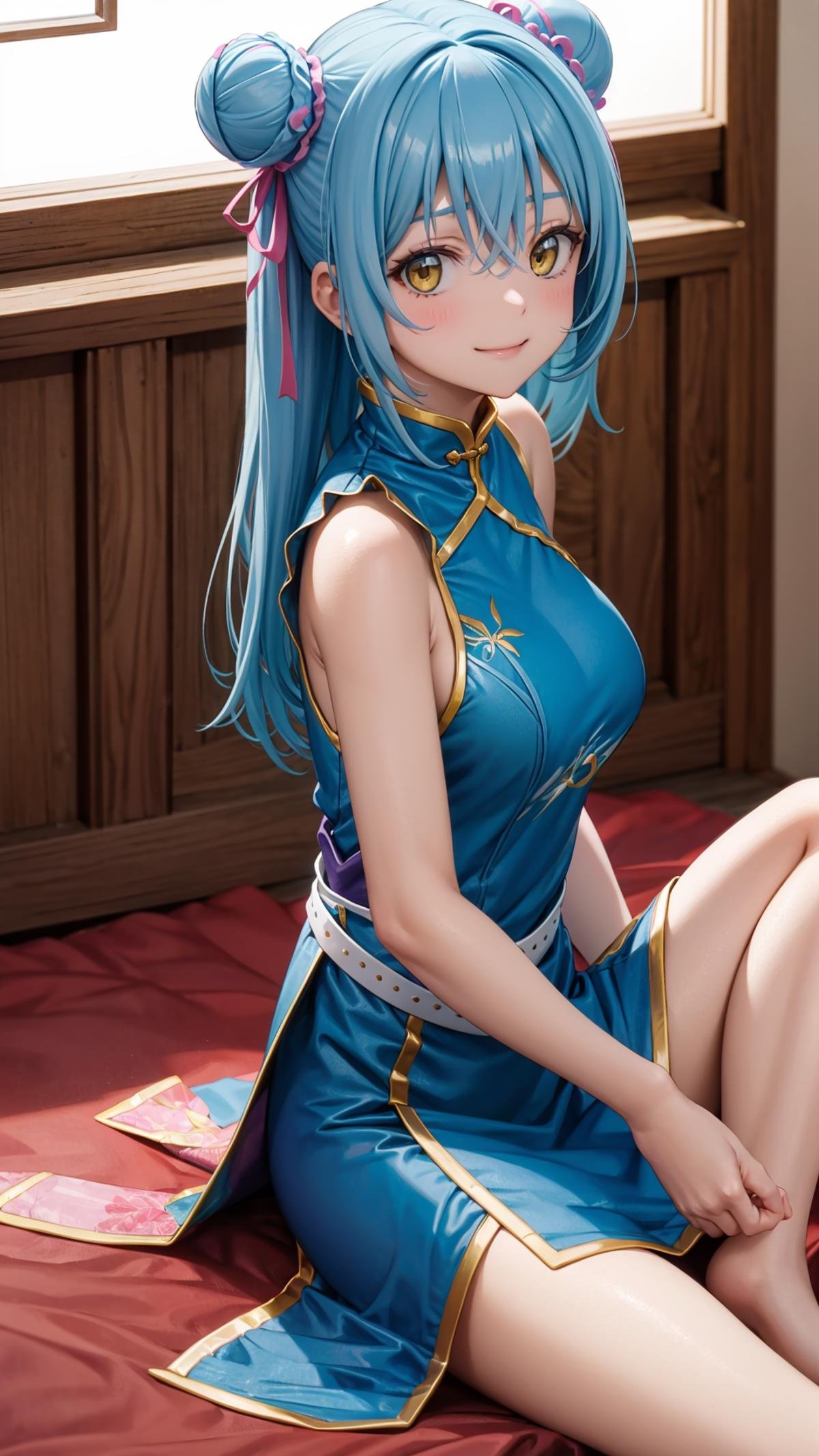 (masterpiece, best quality),ray tracing,absurdres,HDR,1girl,long hair,light blue hair, rimuru tempest, yellow eyes,large breasts, china dress, ribbon, sleeveless, closed mouth, hair between eyes, double bun, chinese clothes, dress, sleeveless dress, blue dress, bangs, , hair bun, shiny hair, hair ribbon, blush, shiny, floating hair, pink ribbon, looking at viewer, sitting, sweatdrop, , short dress, straight hair, very long hair, purple ribbon, solo, , legs, ,barefoot, smile, <lora:rimuru hagun:0.7>