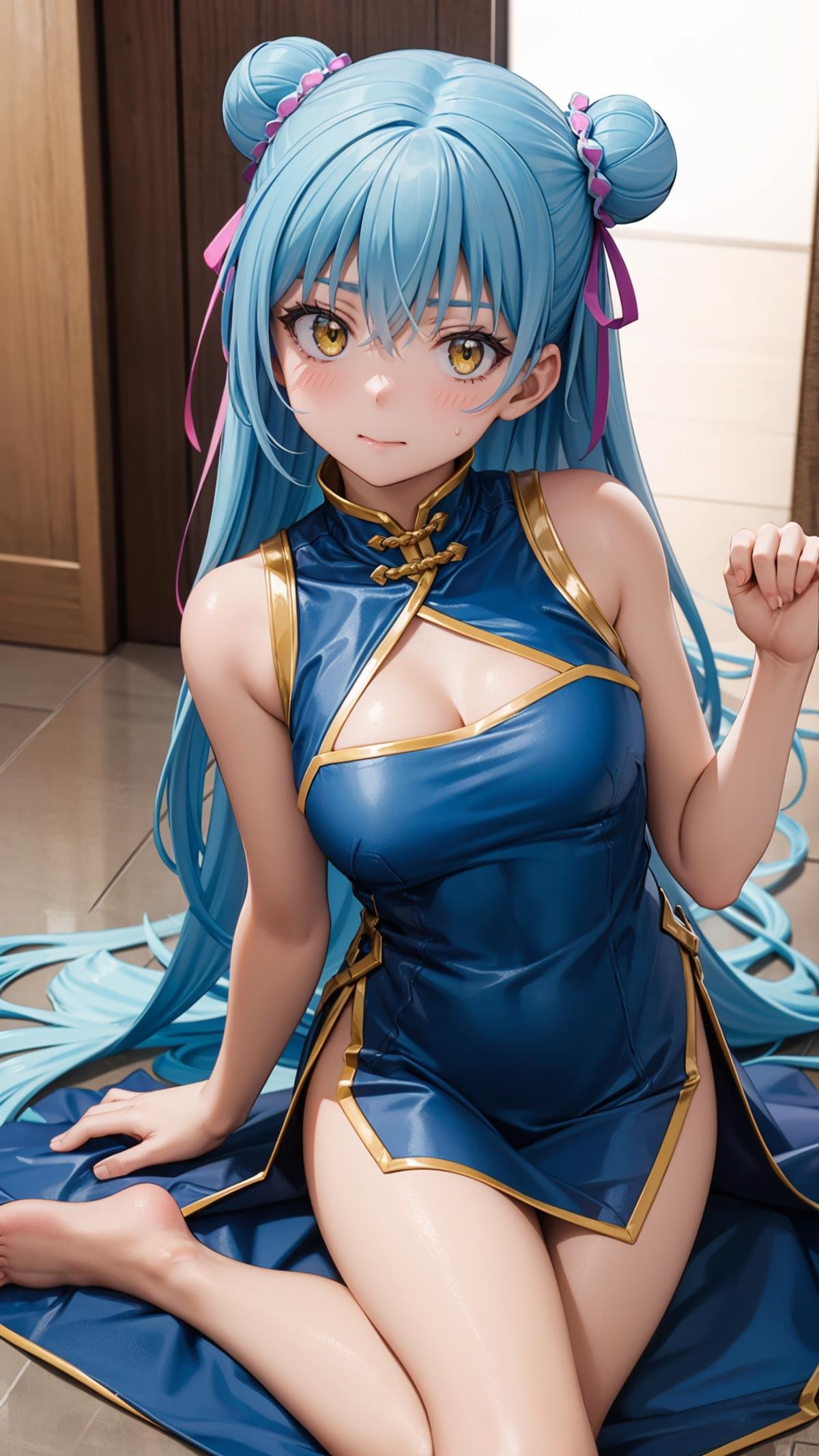 (masterpiece, best quality),ray tracing,absurdres,HDR,1girl,long hair,light blue hair, rimuru tempest, yellow eyes,large breasts, china dress, ribbon, sleeveless, closed mouth, hair between eyes, double bun, chinese clothes, dress, sleeveless dress, blue dress, bangs, , hair bun, shiny hair, hair ribbon, blush, shiny, floating hair, pink ribbon, looking at viewer, sitting, sweatdrop, , short dress, straight hair,  very long hair, purple ribbon, solo, , , ,barefoot, <lora:rimuru hagun:0.7>