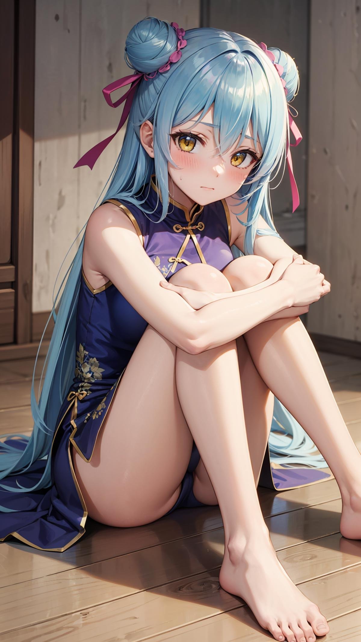 (masterpiece, best quality),ray tracing,absurdres,HDR,1girl,long hair,light blue hair, rimuru tempest, yellow eyes,breasts, china dress, ribbon, sleeveless, closed mouth, hair between eyes, double bun, chinese clothes, dress, sleeveless dress, blue dress, bangs, , hair bun, shiny hair, hair ribbon, blush, shiny, floating hair, pink ribbon, looking at viewer, sitting, sweatdrop, , short dress, straight hair,  very long hair, purple ribbon, solo, , , ,hugging own legs, barefoot<lora:rimuru hagun_v5:0.7><lora:hugging_own_legs_v0.3:0.7> 