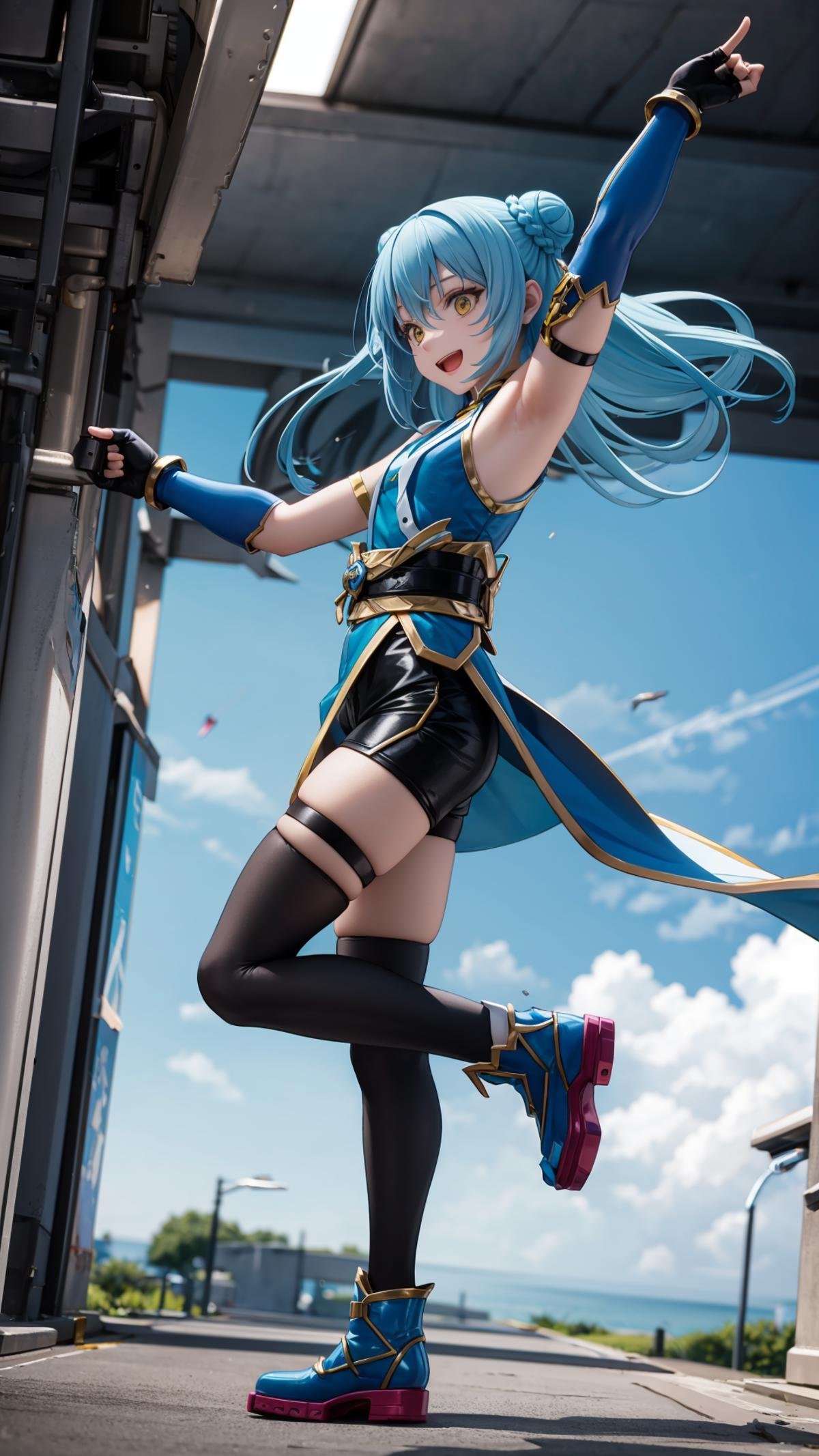 (masterpiece, best quality),ray tracing,absurdres,HDR,rimuru tempest, hagun, blue hair, long hair, thighhighs, solo, open mouth, yellow eyes, full body, 1other, gloves, floating hair, hair bun, fingerless gloves, blue thighhighs, smile, bangs, androgynous, bike shorts, arm strap, shorts, shiny, black shorts, sleeveless, shiny hair, standing, from side, detached sleeves, black gloves, double bun, hair between eyes, armpits, shoes<lora:rimuru hagun:0.7>