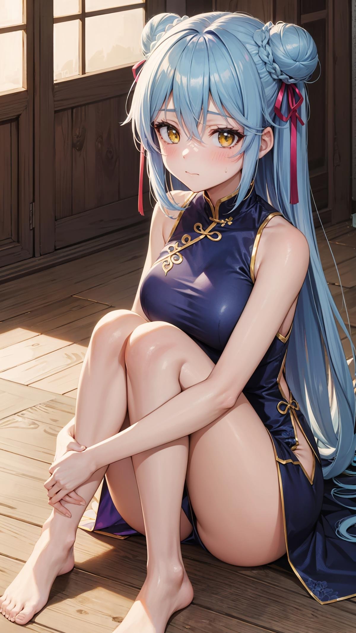 (masterpiece, best quality),ray tracing,absurdres,HDR,1girl,long hair,light blue hair, rimuru tempest, yellow eyes,breasts, china dress, ribbon, sleeveless, closed mouth, hair between eyes, double bun, chinese clothes, dress, sleeveless dress, blue dress, bangs, , hair bun, shiny hair, hair ribbon, blush, shiny, floating hair, pink ribbon, looking at viewer, sitting, sweatdrop, , short dress, straight hair,  very long hair, purple ribbon, solo, , , ,hugging own legs, barefoot<lora:rimuru hagun_v5:0.7><lora:hugging_own_legs_v0.3:0.7> 