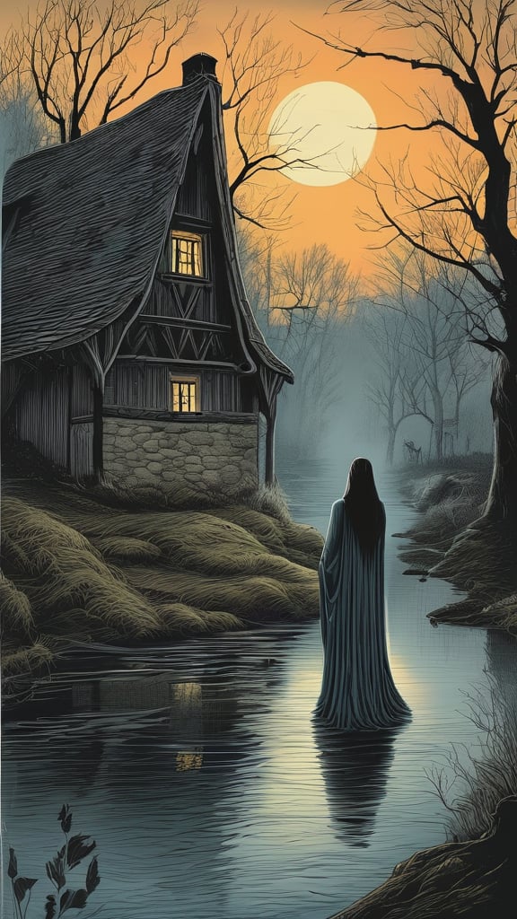 A quaint village is haunted by the
legend of The Hollow Maiden, a
ghostly figure seen wandering
near the riverbank at dusk. She
appears as a beautiful woman in a
flowing gown, but her face is
empty, a void that traps the souls
of those beguiled by her mourning
cries.
