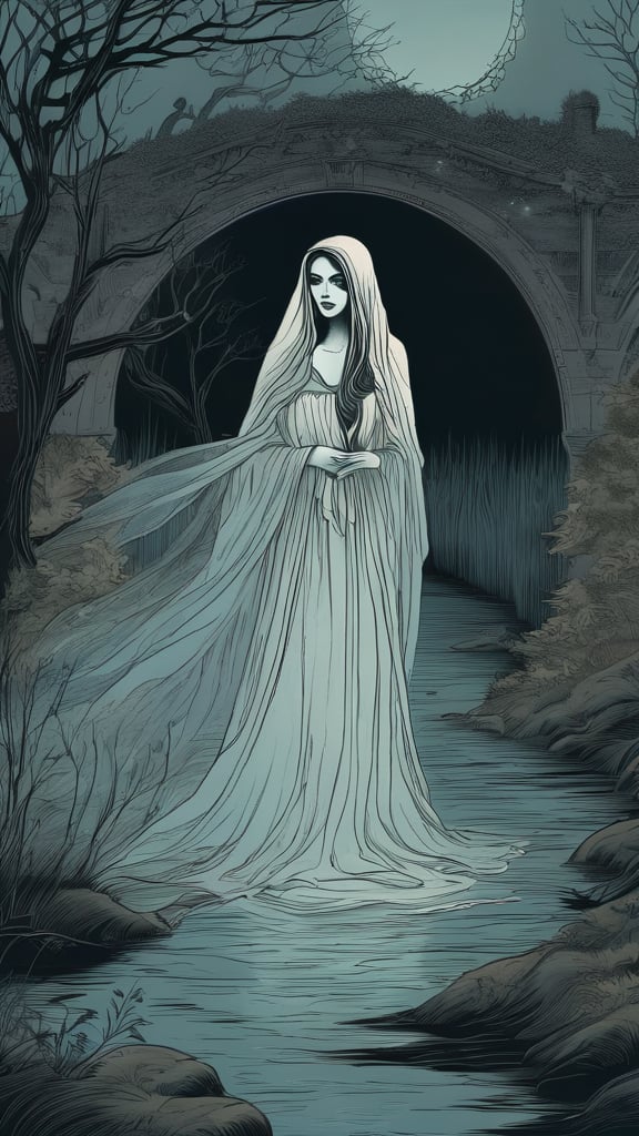 A quaint village is haunted by the
legend of The Hollow Maiden, a
ghostly figure seen wandering
near the riverbank at dusk. She
appears as a beautiful woman in a
flowing gown, but her face is
empty, a void that traps the souls
of those beguiled by her mourning
cries.
